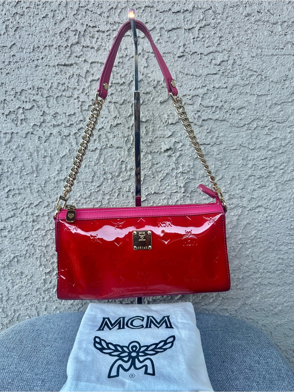 MCM Patent Gloss Shoulder Bag in Red and Pink with Gold Chain